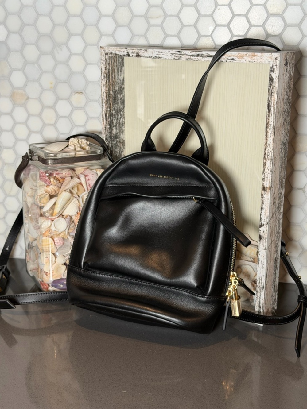 WANT LES ESSENTIELS Nano Piper Black Leather Backpack EUC